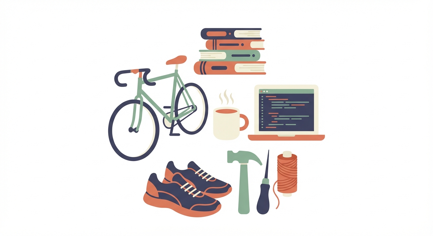 Illustration of interests: bicycle, books, laptop, running shoes, and leatherworking tools